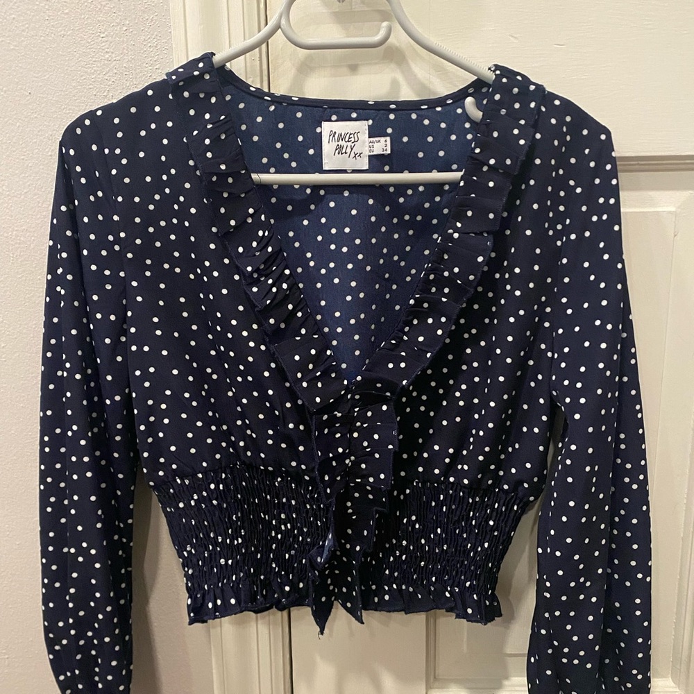 Princess Polly Navy Blue Polka Dot Blouse